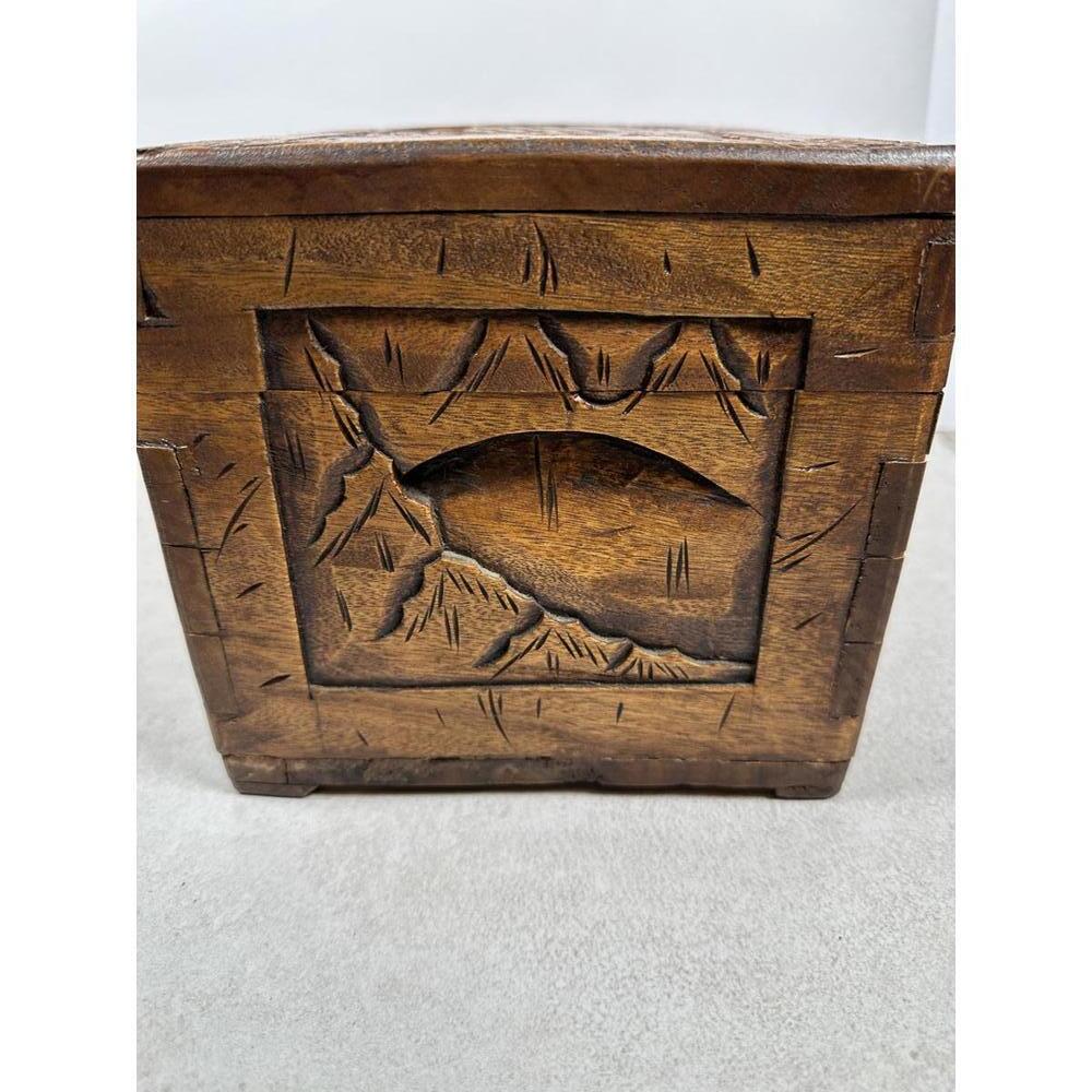 VTG Chinese Handcarved Wooden Trinket Jewelry Box Brass Pin Latch Scenic Decor - Picture 5 of 7